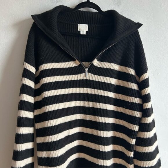 H&M Sz S Nautical Coastal Knit Black And White Strip 1 4 Zip Relaxed Sweater - Picture 4 of 9
